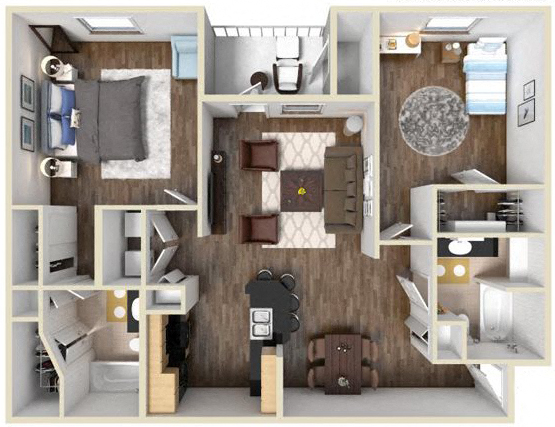 Floor plan for 2 beds, 2 baths, 1069 sqft